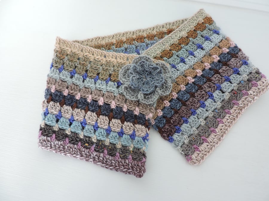 Crochet Cowl, Neck Warmer Snood Taupe, Cream, Blue, Slate