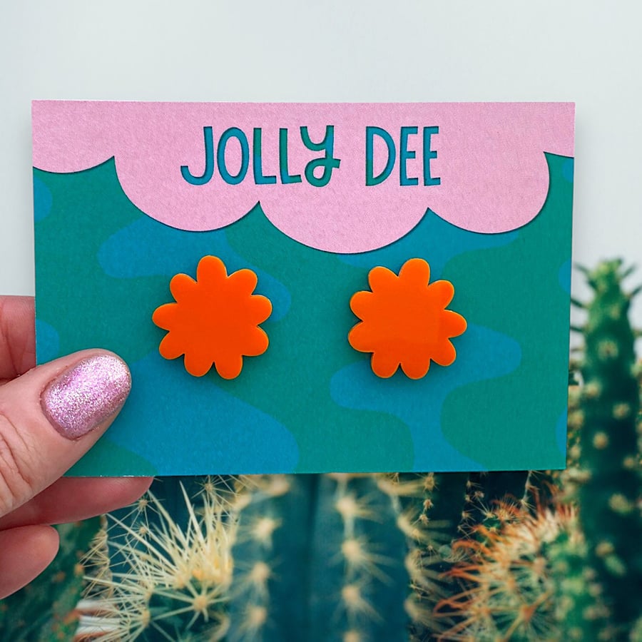 Orange flower stud earrings, simple colourful earrings, unique plant lover gift