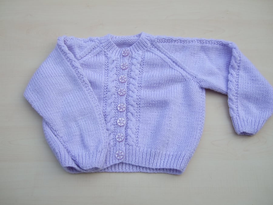 Girls cardigan hand knitted in lilac sparkly yarn to fit 3 - 4 years