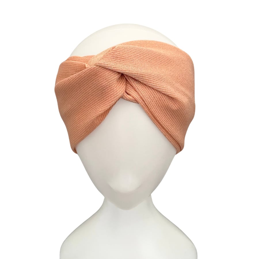 Blush pink gold metallic wide ribbed knit turban twist headband head wrap 