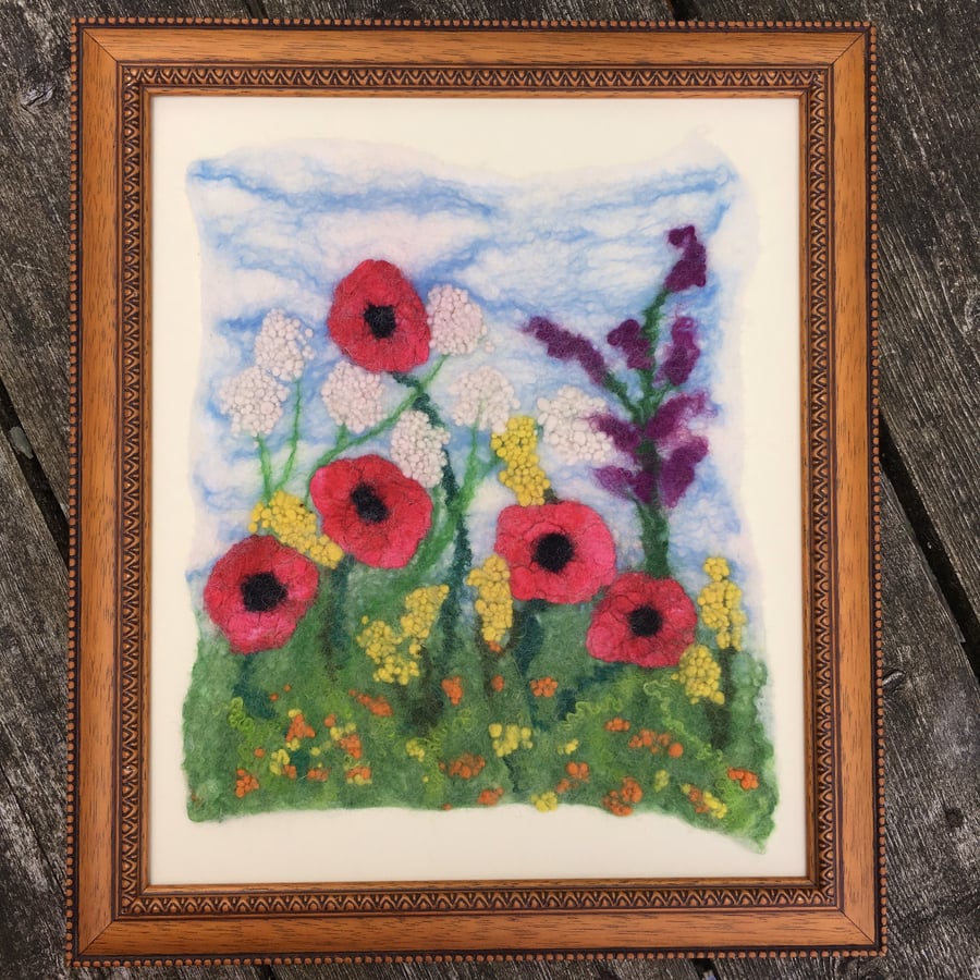 Felted picture, textile art, wild flowers and poppies, framed