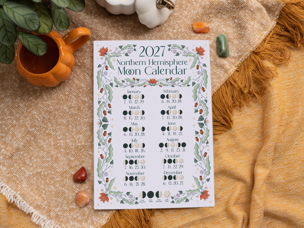 2027 Moon Calendar - Illustrated Lunar A4 Wall Art - Northern Hemisphere