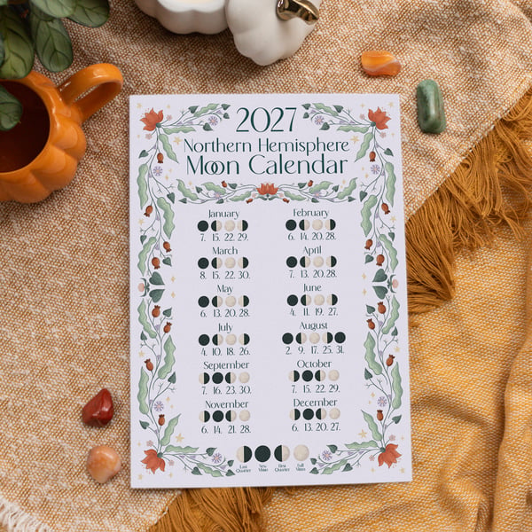 2027 Moon Calendar - Illustrated Lunar A4 Wall Art - Northern Hemisphere