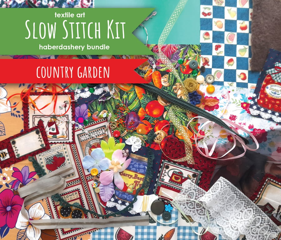 Slow stitching kit - Country Garden theme. Fabric remnants, fabric bundle