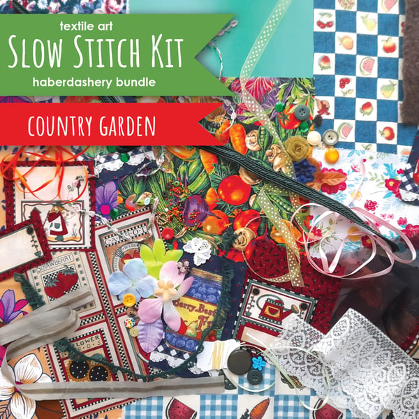 Slow stitching kit - Country Garden theme. Fabric remnants, fabric bundle