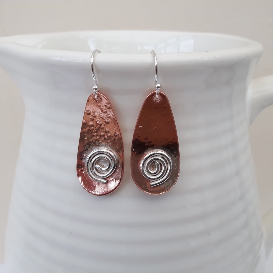 Copper Drop Earrings with Sterling Silver Spirals
