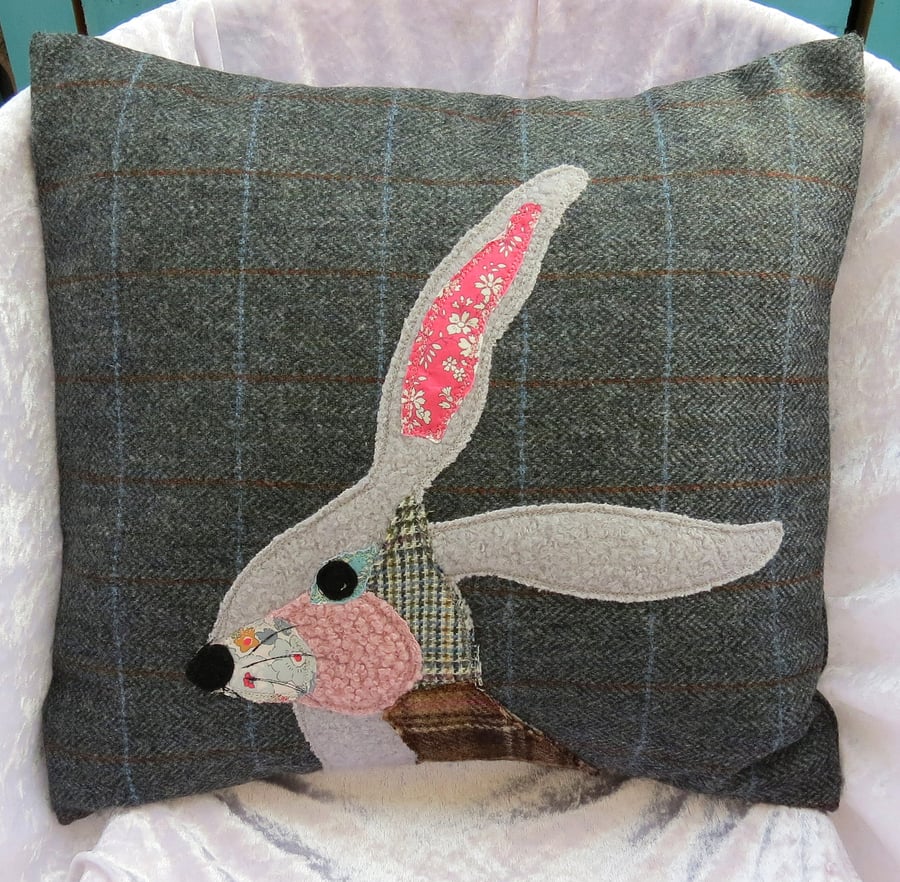 Hare Cushion, Scrappy Hare, wool Cushion with feather pad, 16 inches
