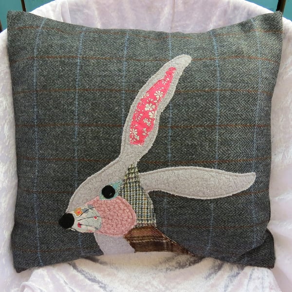 Hare Cushion.  Scrappy Hare.  Wool Cushion, with feather pad.  16 inches.
