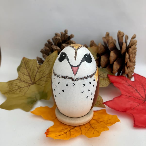 Barn owl decorated wooden egg 