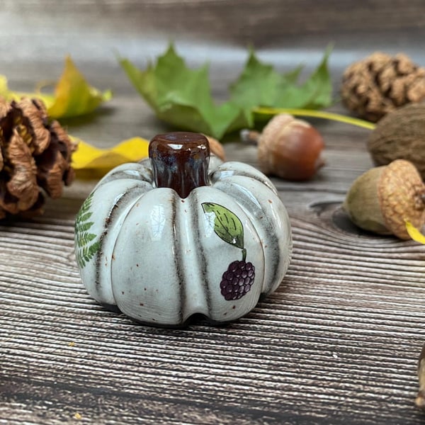 HANDMADE Black Clay Autumn Leaves, Nuts and Berries Ceramic Pumpkin