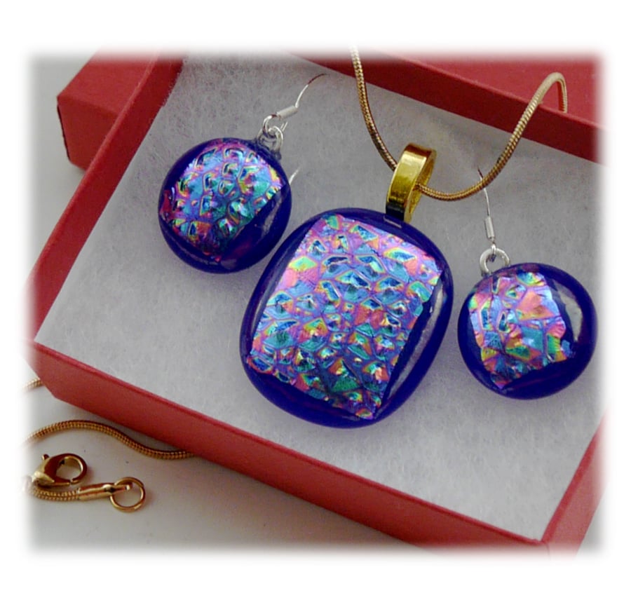 Dichroic Glass Pendant Earring Set 066 Blue Glitter with gold plated chain