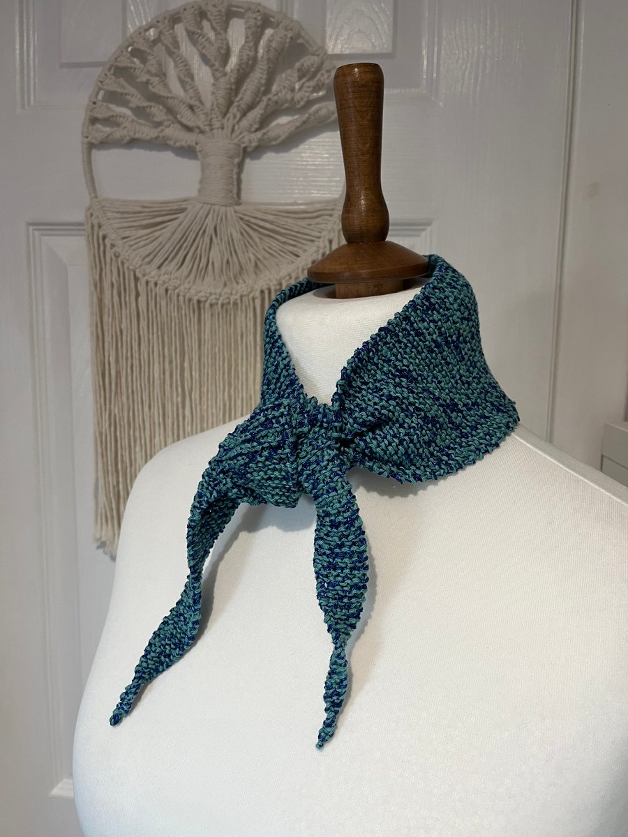 Aqua and dark blue shimmer Cotton Mix Yarn Handknitted Neckerchief 100cms long