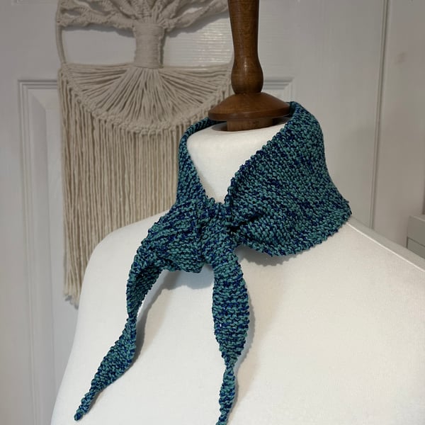 Aqua and dark blue shimmer Cotton Mix Yarn Handknitted Neckerchief 100cms long