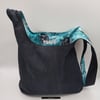 Denim and turquoise, black rose,  medium knot bag 