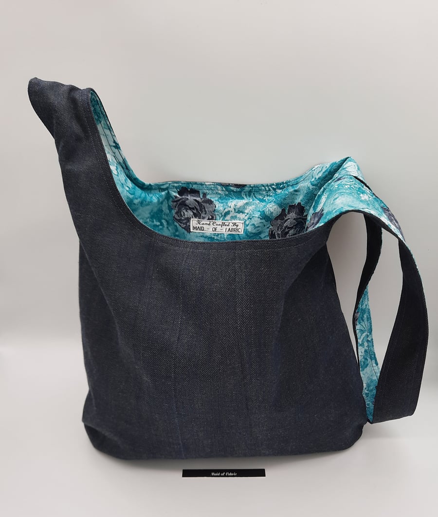 Denim and turquoise, black rose,  medium knot bag 