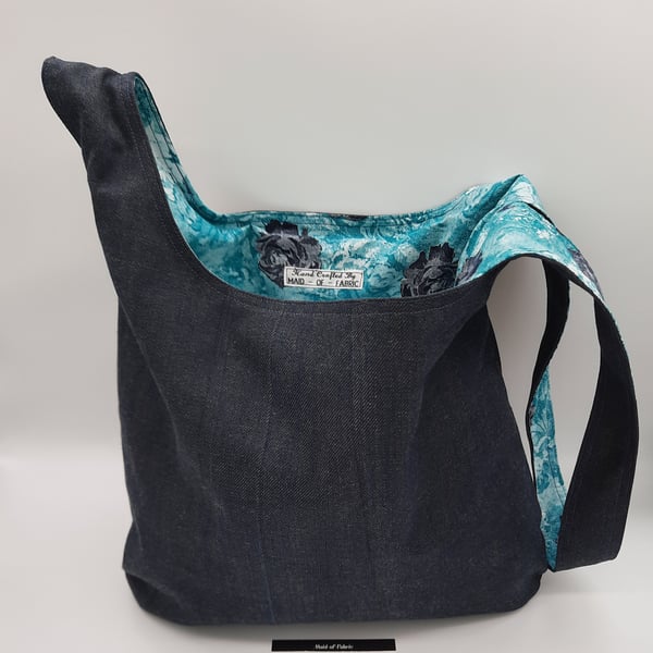 Denim and turquoise, black rose,  medium knot bag 