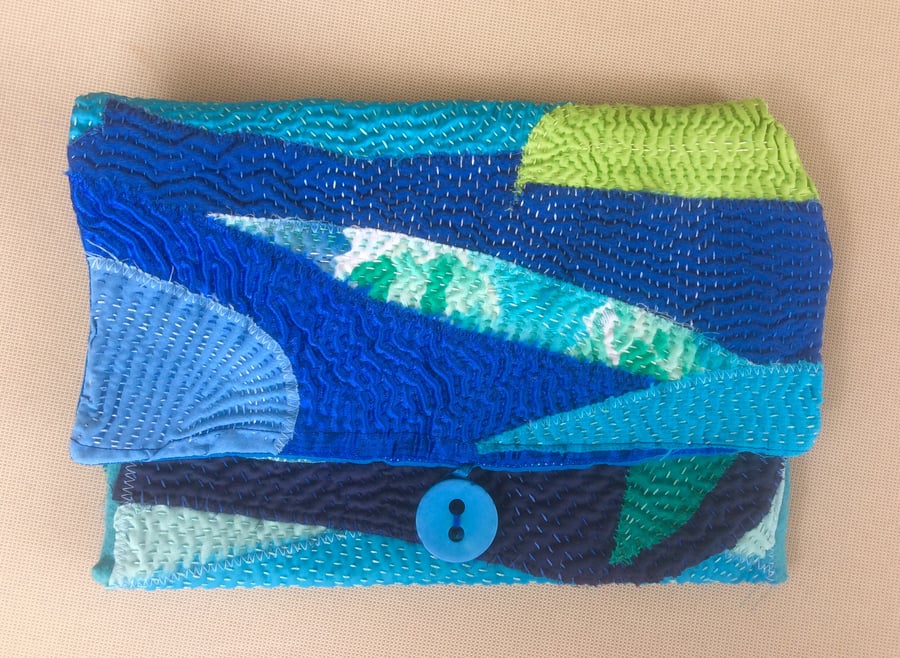  Envelope clutch in shades of blue and green, hand embroidered 