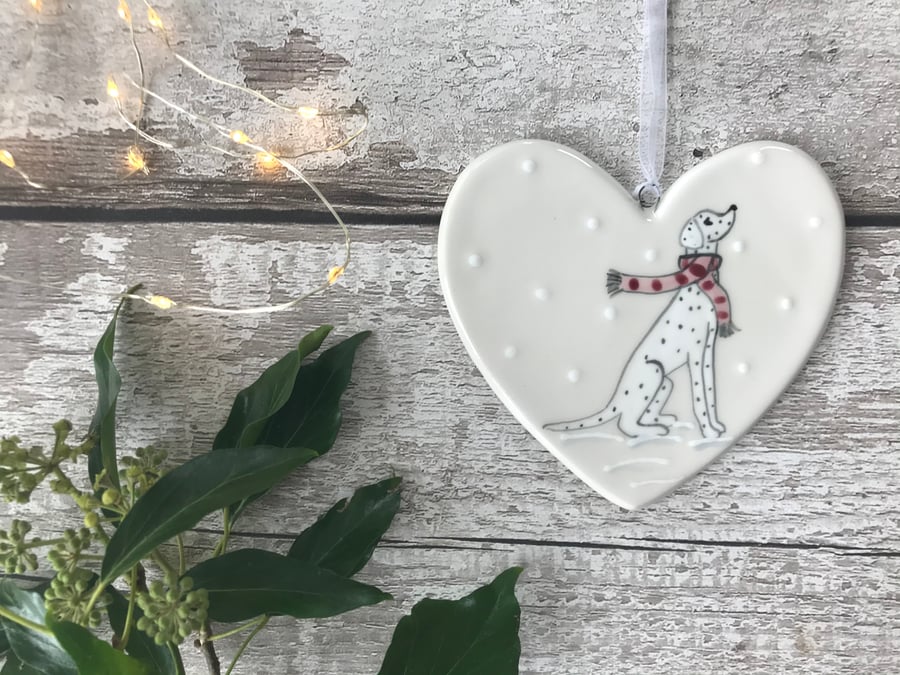 Female Dalmatian wearing a scarf, Hand Painted Christmas Ceramic Heart