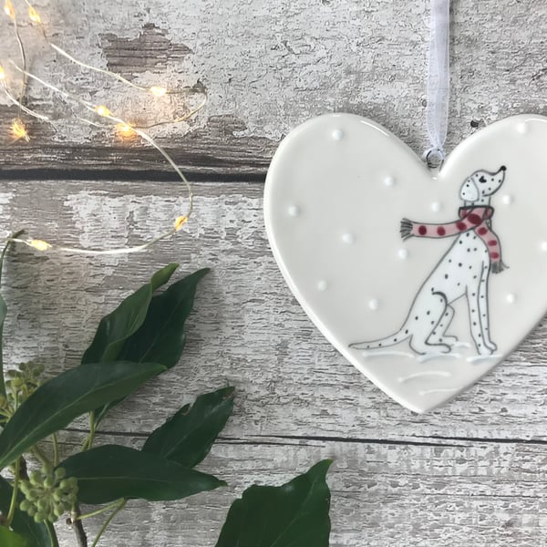 Female Dalmatian wearing a scarf, Hand Painted Christmas Ceramic Heart