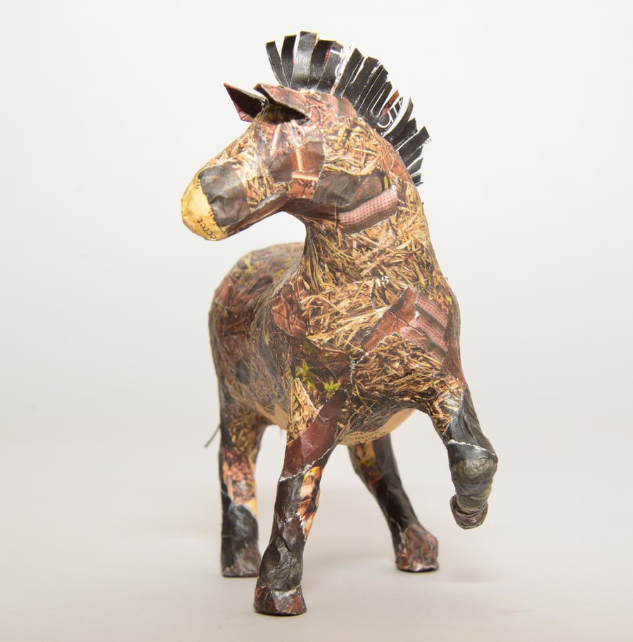 Little trotting horse in papier mache;  eco-friendly Exmoor pony 