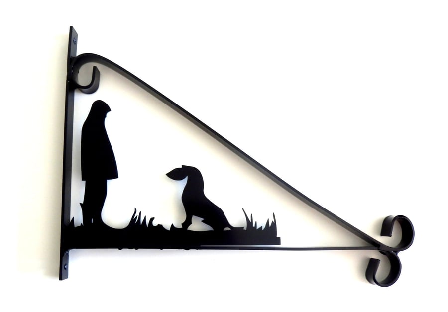 Man with His Dog Silhouette Scroll Style Hanging Basket Bracket Solid Steel