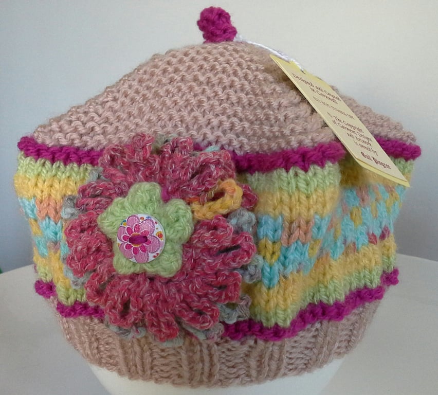 Designer Hand Knitted Baby Girl's Fairisle Beret Hat 12 - 18 months size