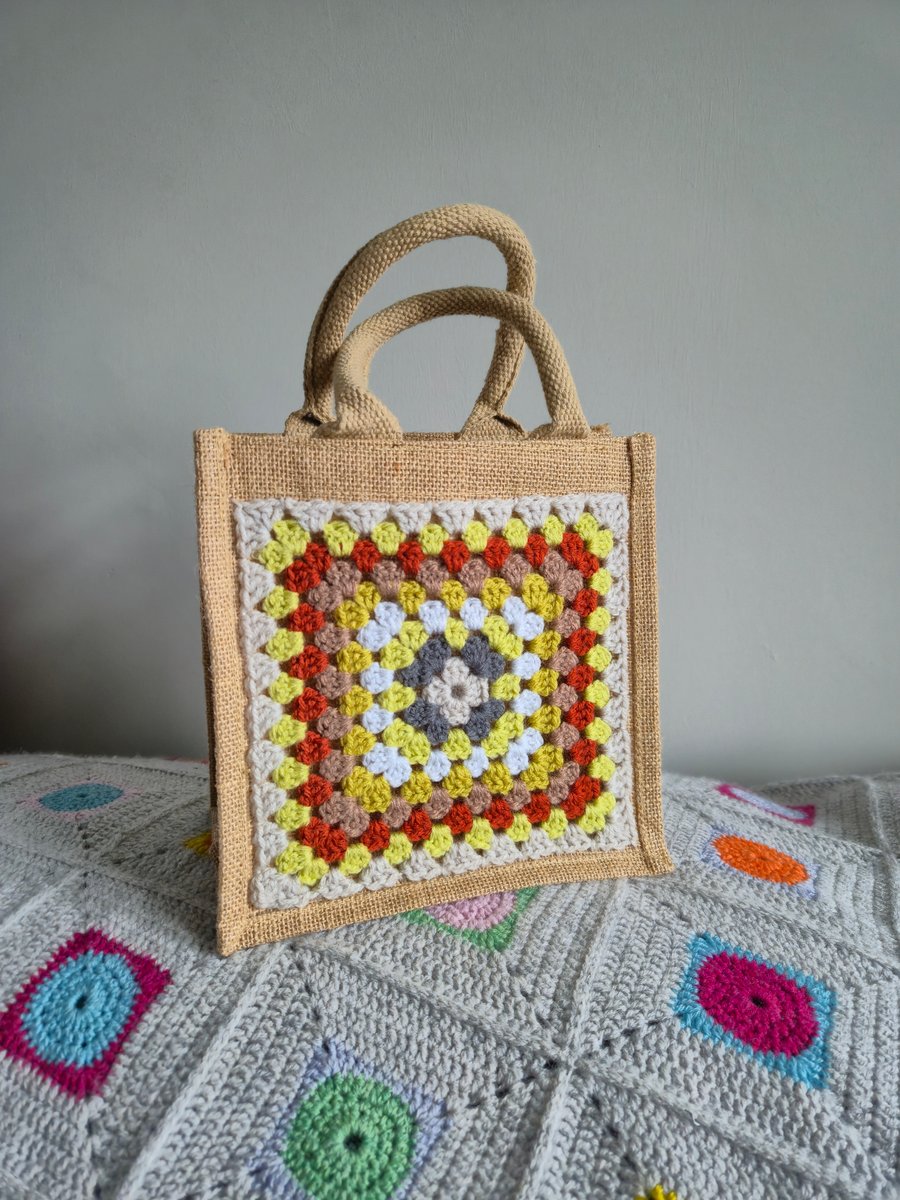 Small Crocheted Granny Square Jute Bag,  Lunch Bag, Gift Bag, Project Bag
