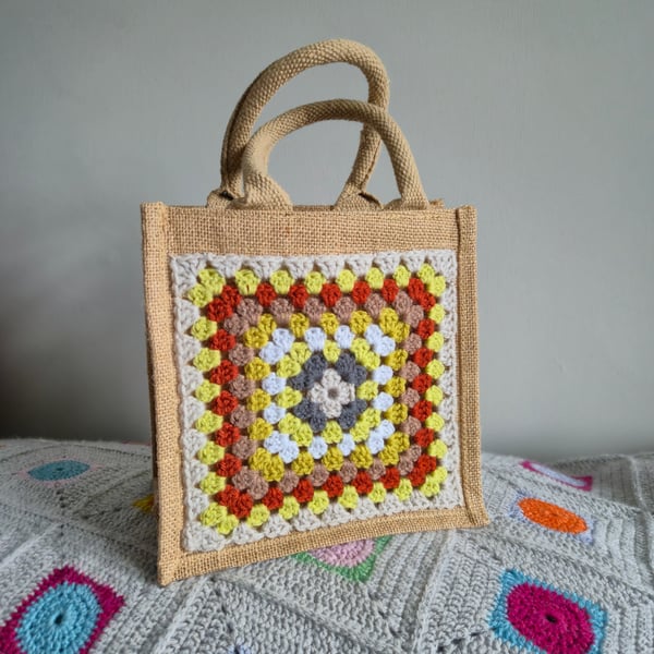 Small Crocheted Granny Square Jute Bag,  Lunch Bag, Gift Bag, Project Bag