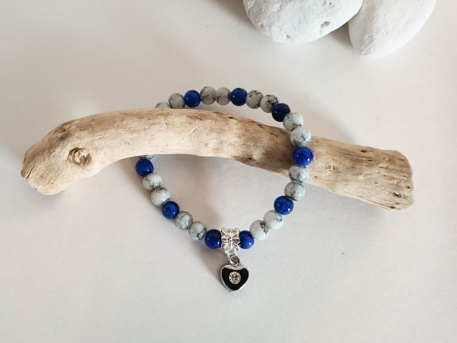 Grey and Blue Stretch Bracelet with Silver Tree Charm