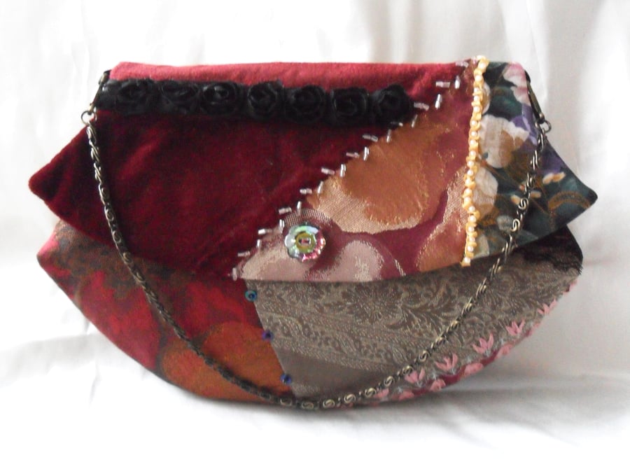 Red evening bag with crazy patchwork and ribbon and bead embroidery