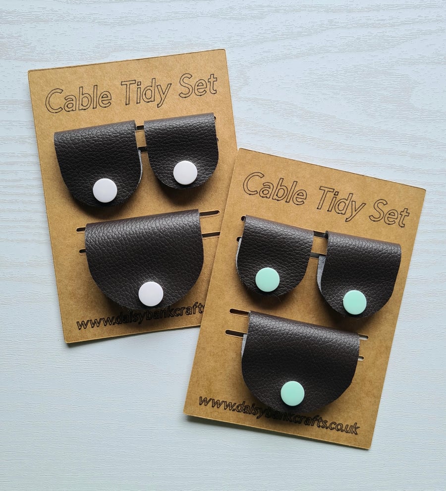 Image of Set of 3 Handmade Faux Leather Cable Organisers Snap Fastener Cord Tidies