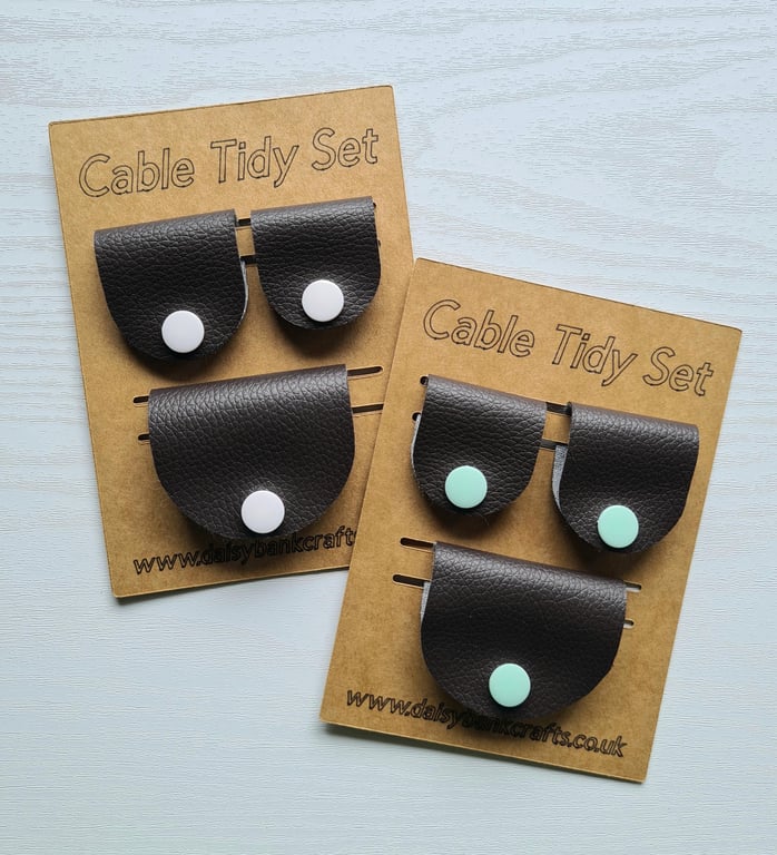 Set of 3 Handmade Faux Leather Cable Organisers Snap Fastener Cord Tidies
