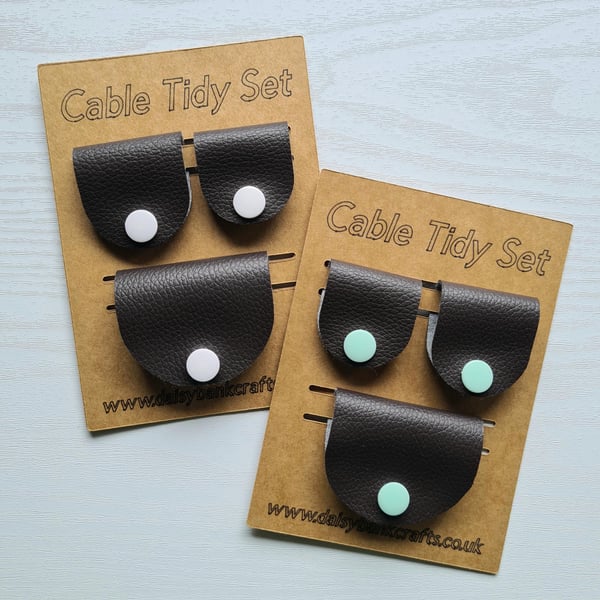 Set of 3 Handmade Faux Leather Cable Organisers Snap Fastener Cord Tidies
