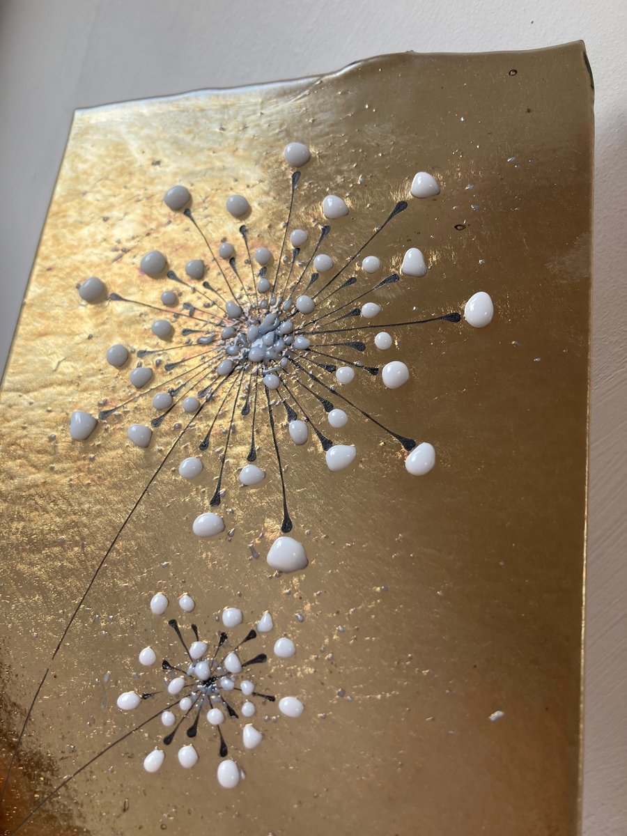 Large Delicate Gold iridescent Allium Flowers fused glass Art Picture Sun Catche