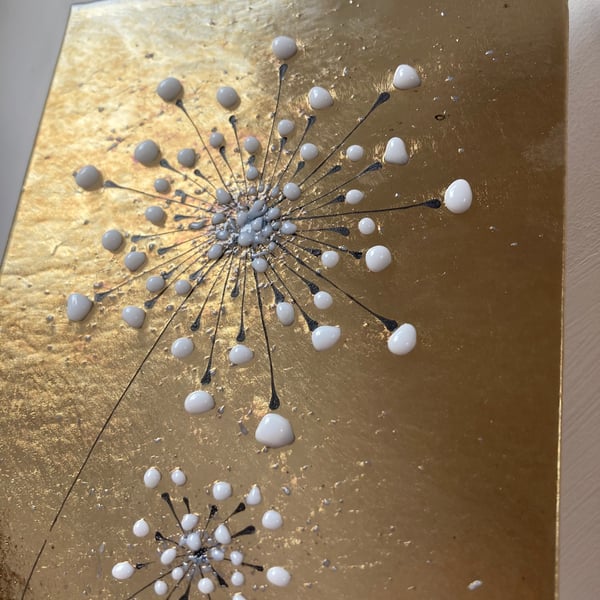 Large Delicate Gold iridescent Allium Flowers fused glass Art Picture Sun Catche