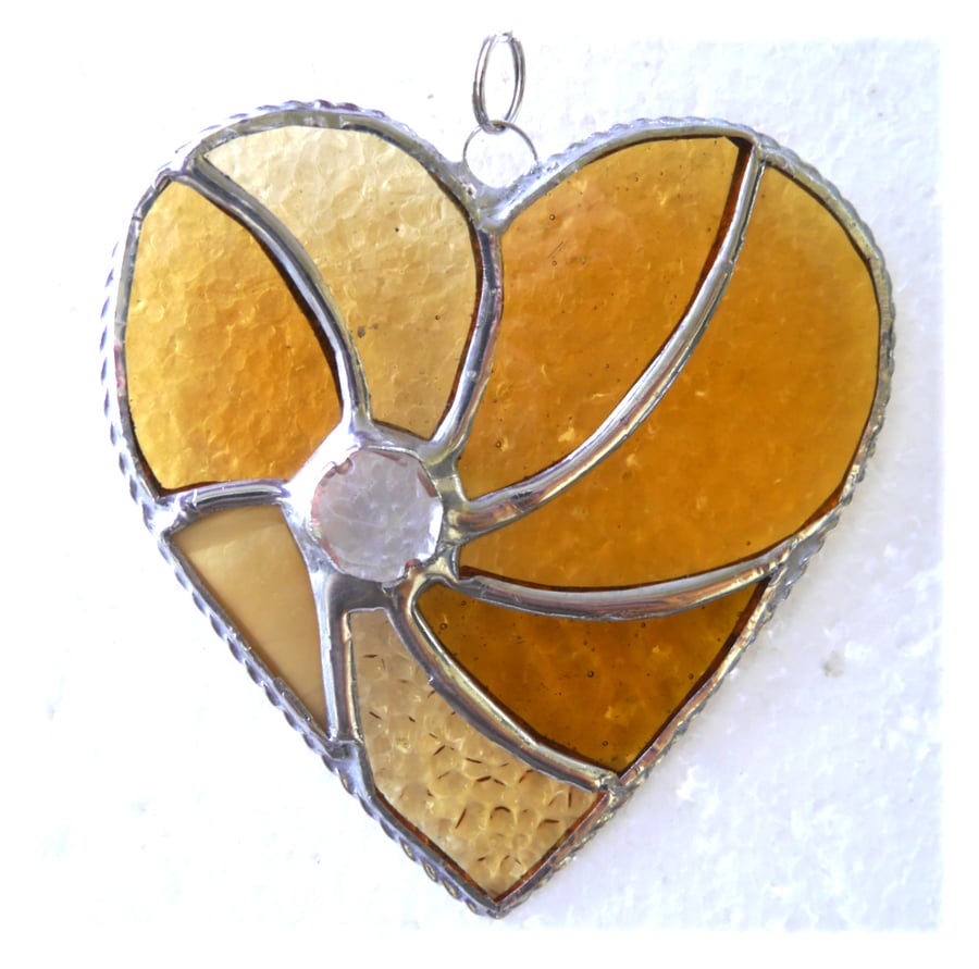 SOLD 240427 Gold Swirl Heart Stained Glass Suncatcher Handmade Anniversary