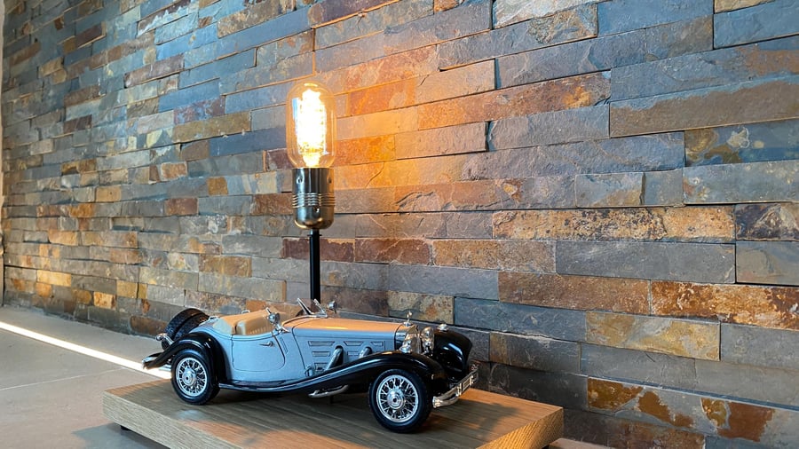 Up-Cycled classic car lamp -Burago 1:20 1936 Merc- Oak base -new electrics