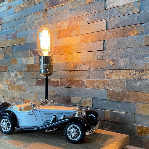 Up-Cycled classic car lamp -Burago 1:20 1936 Merc- Oak base -new electrics