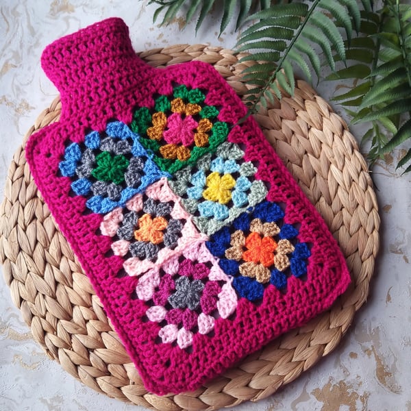 Seconds Sunday Crochet 'Happy Scrappy' Hot Water Bottle Cover Raspberry