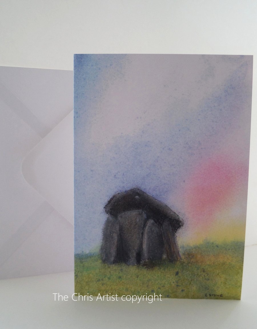Greetings card A5 Trethevy Quoit Cornwall sunrise from original painting