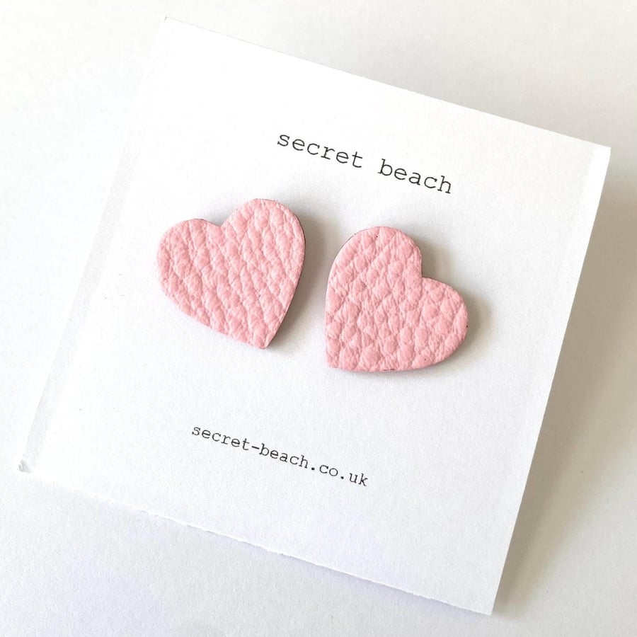 Leather Heart Stud Earrings - Light Pink