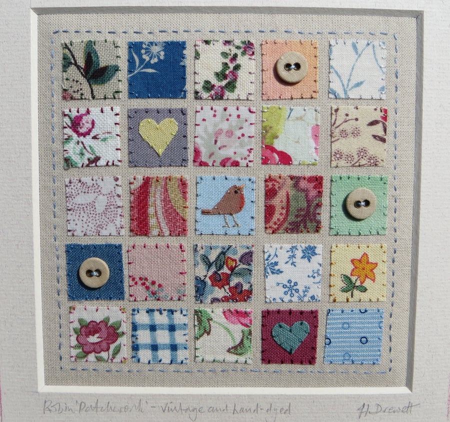 SOLD 2.9.22 Robin Patchwork hand-stitched miniature framed textile