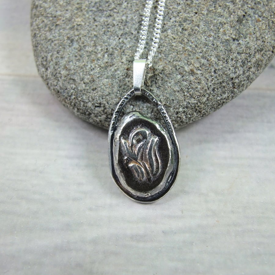 Silver Pebble Pendant with Embossed Flower Bud, Recycled Silver Necklace
