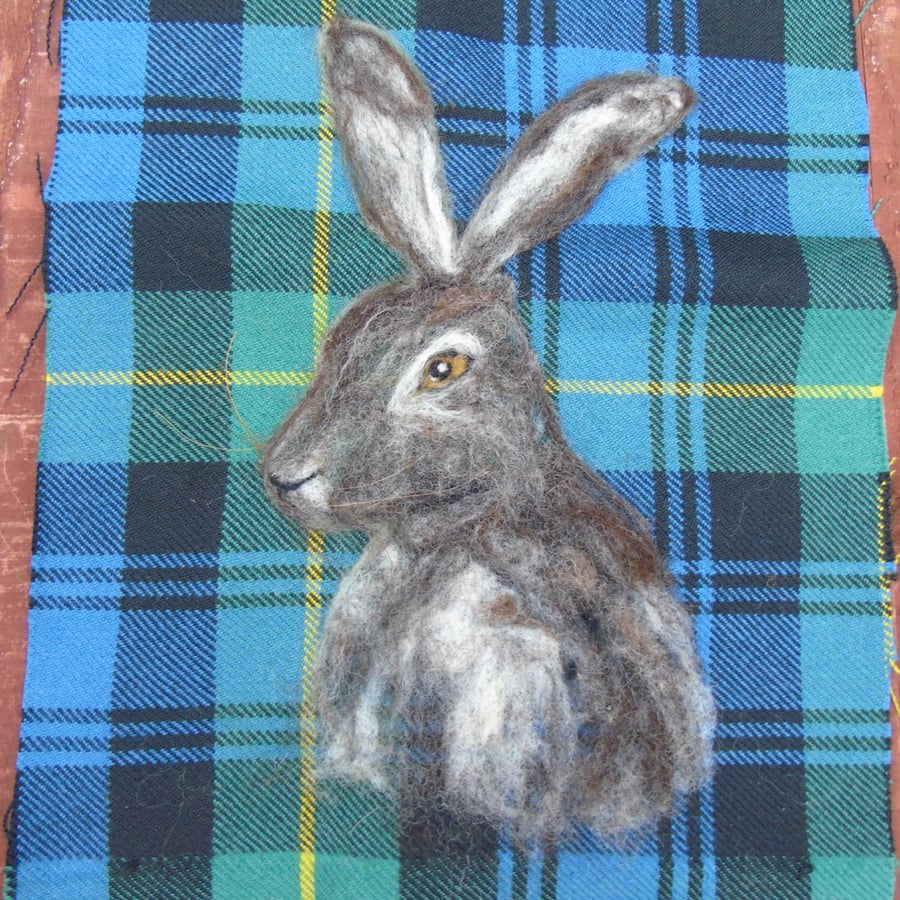 Hare picture, wool art picture , wool tartan fabric, needle felted hare portrait
