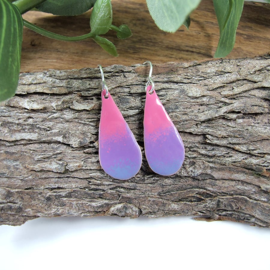 Earrings, Lilac and Rose Teardrop. Copper with Enamel and Silver Earwires