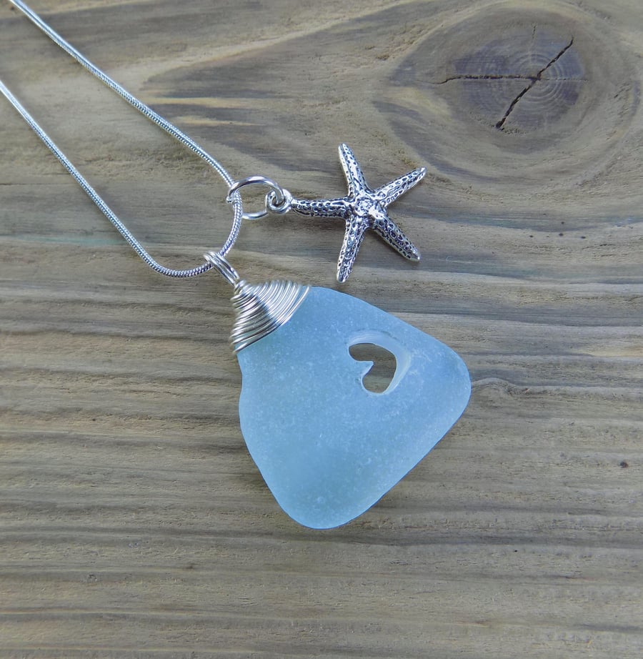 Natural sea glass heart wire wrapped pendant ,with Scilly Isles sea glass
