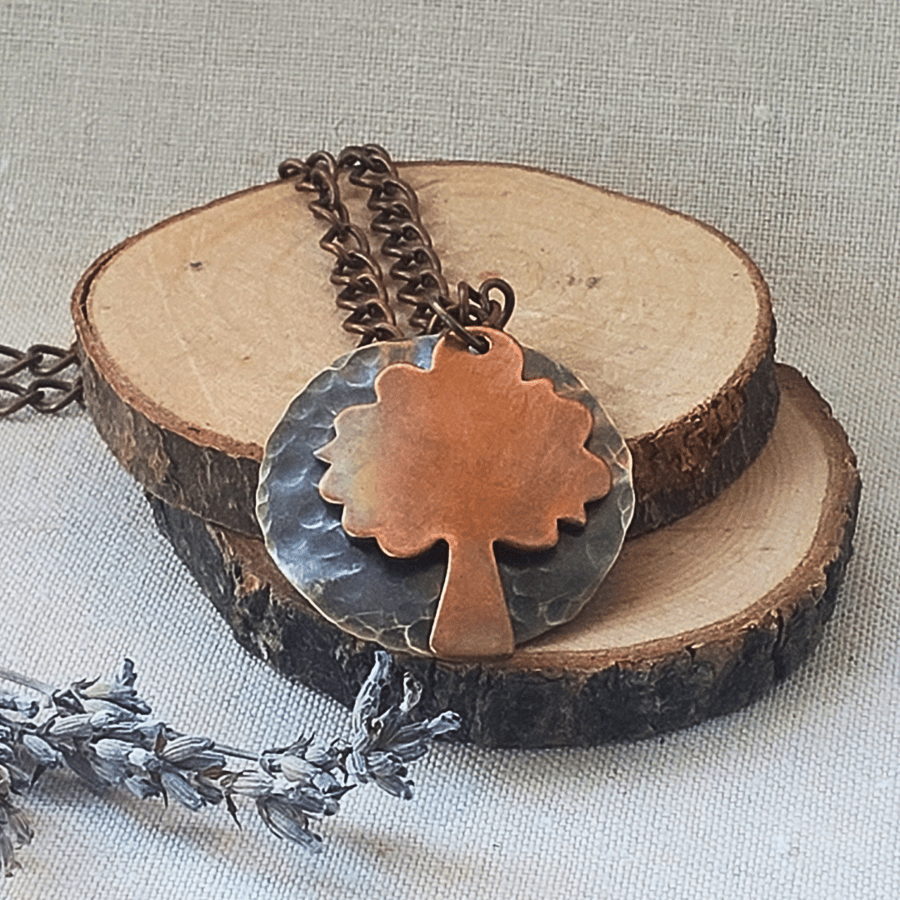 Golden copper and brass tree pendant