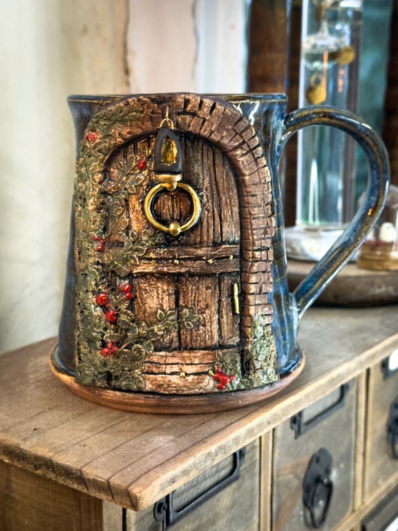 Cottagecore Fairytale Forest Door Coffee Mug with Lantern