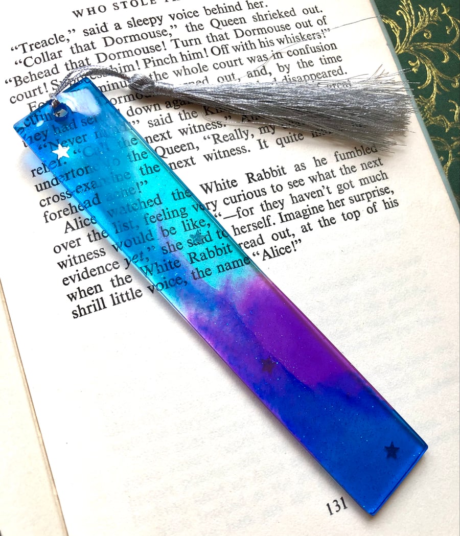 Sparkling Starlight Resin Bookmark with Silver Tassel Design 6