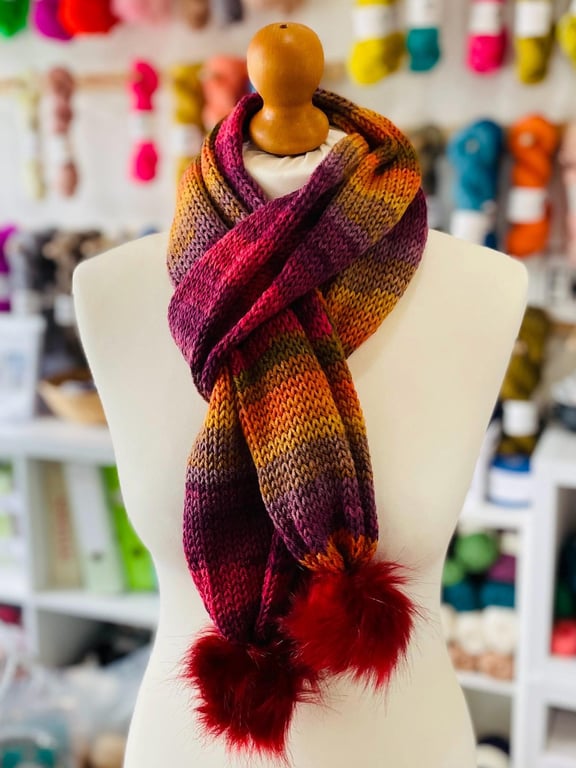 Handmade, Knit, Knitted Tube Scarf, Double Layer with Pom Poms, Womens' Gift